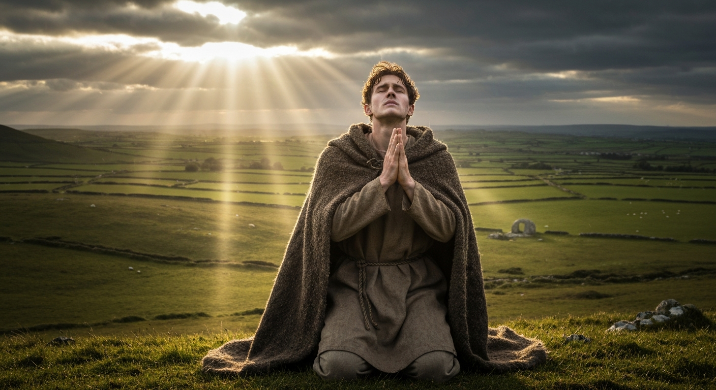 Saint Patrick testimony Ireland: Monk kneels in prayer after God speaks through dreams. Northern Ireland. Slavery to missionary calling story.