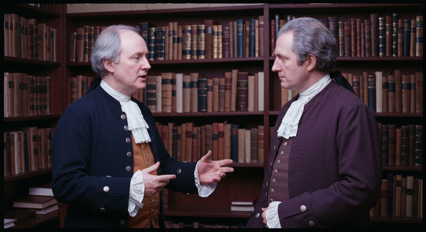 England: Wesley Whitefield friendship depicted. Two friends, reconciled despite disagreement, near church. Historical Christian friendship.