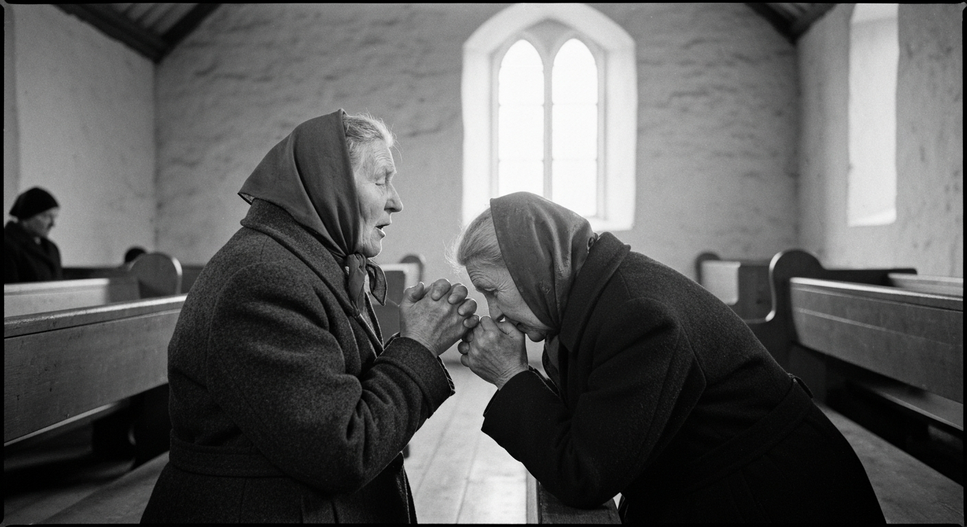 1949: Hebrides revival testimony shows elderly sisters in Barvas, Outer Hebrides, prayer bringing community revival.
