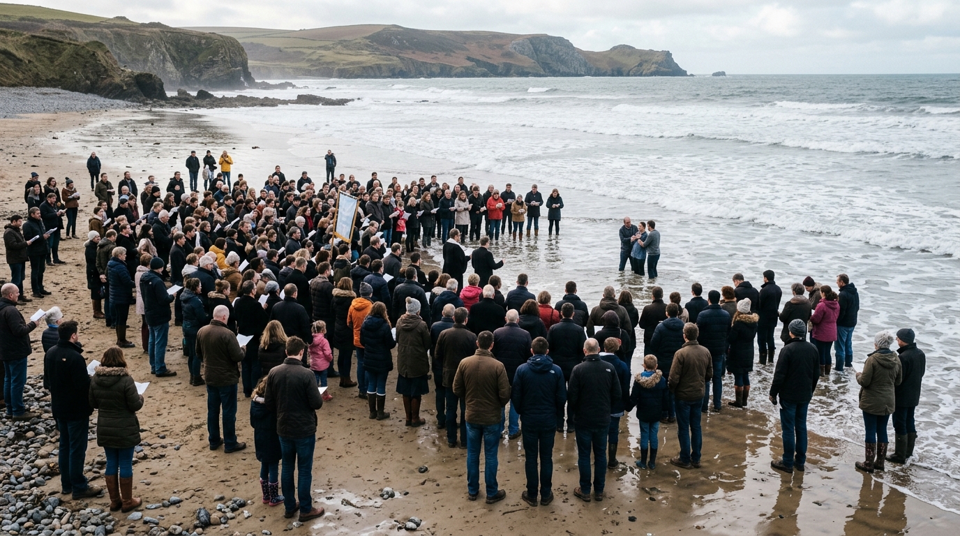 A crowd gathers on a Devon beach for an open-air baptism, illustrating 170 people baptised across the UK.