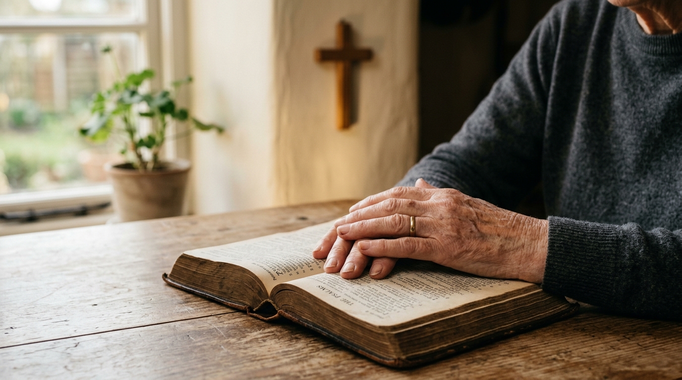 Open Bible and a wooden cross in soft light, illustrating Suzanne Elder's testimony of meeting the God of grace.