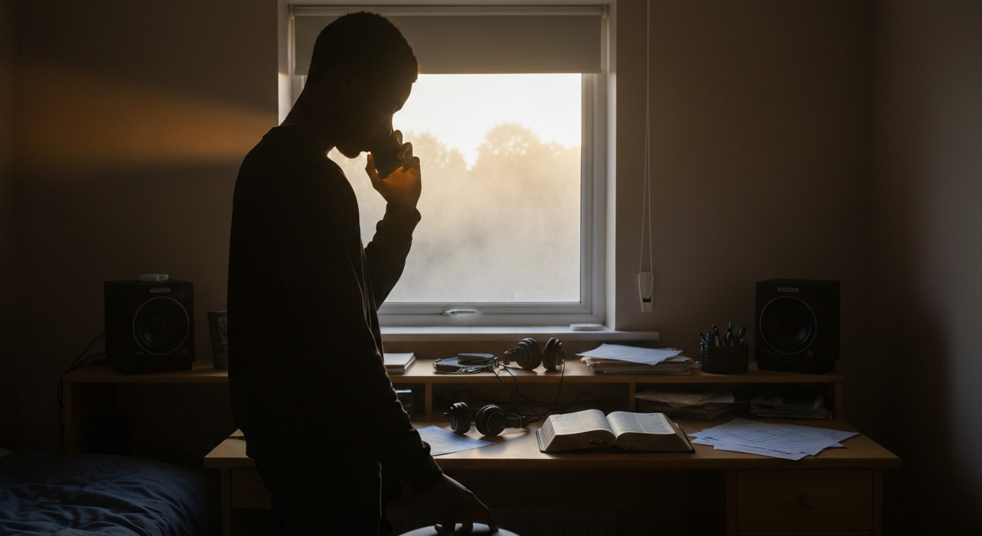 UK rapper Christian Imrhan's Gen Z testimony. Young man smiles in modern clothes. Saved from a suicide attempt, now sharing anxiety deliverance & ...