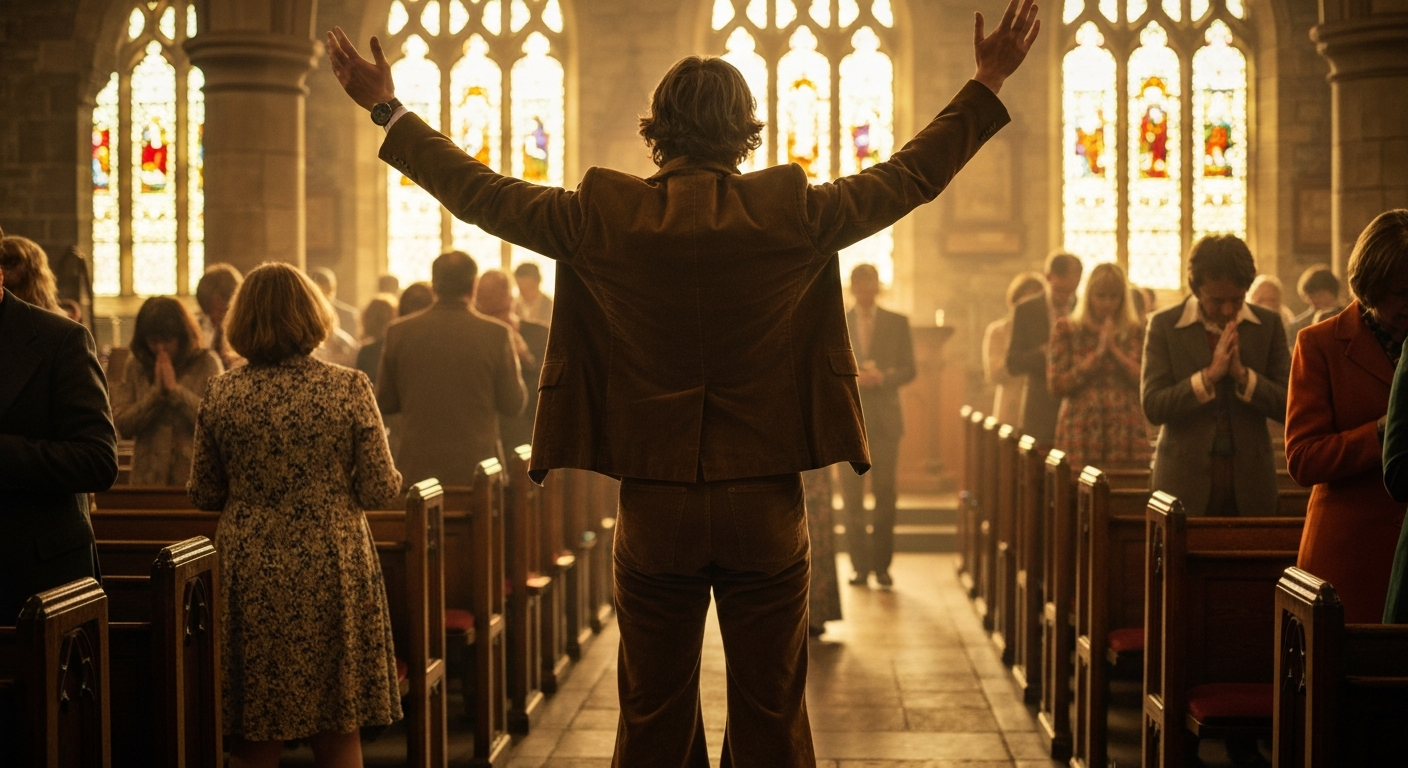 1970s spiritual revival Britain: UK church during charismatic renewal testimony UK meeting. Holy Spirit baptism experience evident.