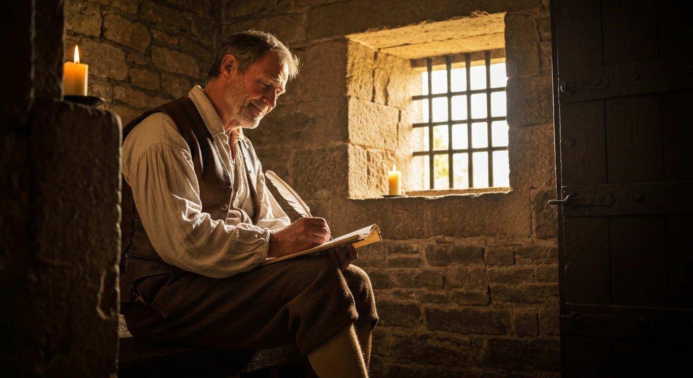 John Bunyan writing in a 1660s Elstow prison cell — the man with "the worst mouth in town" turned preacher and Pilgrim's Progress author