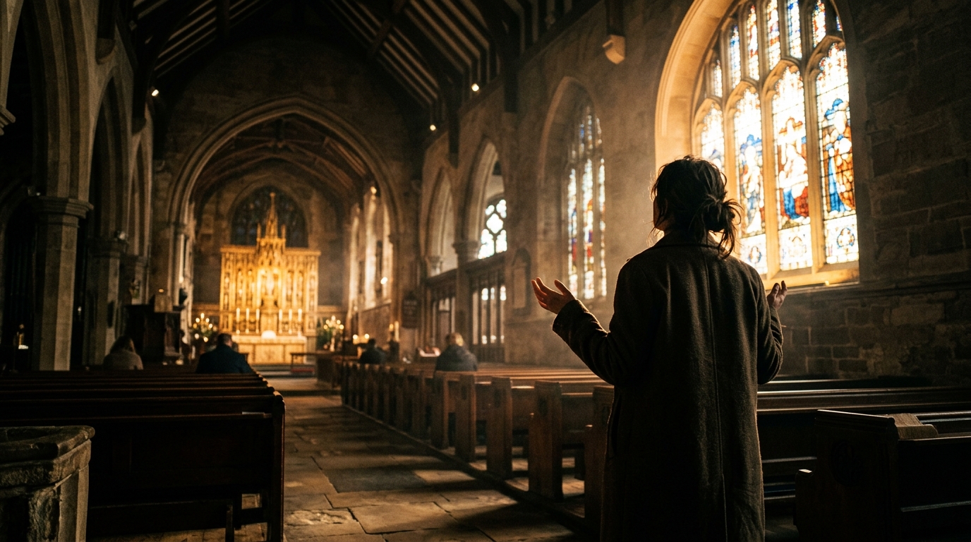 A woman worships from behind in a London church, illustrating Ashley Collins leaving paganism and meeting Jesus.
