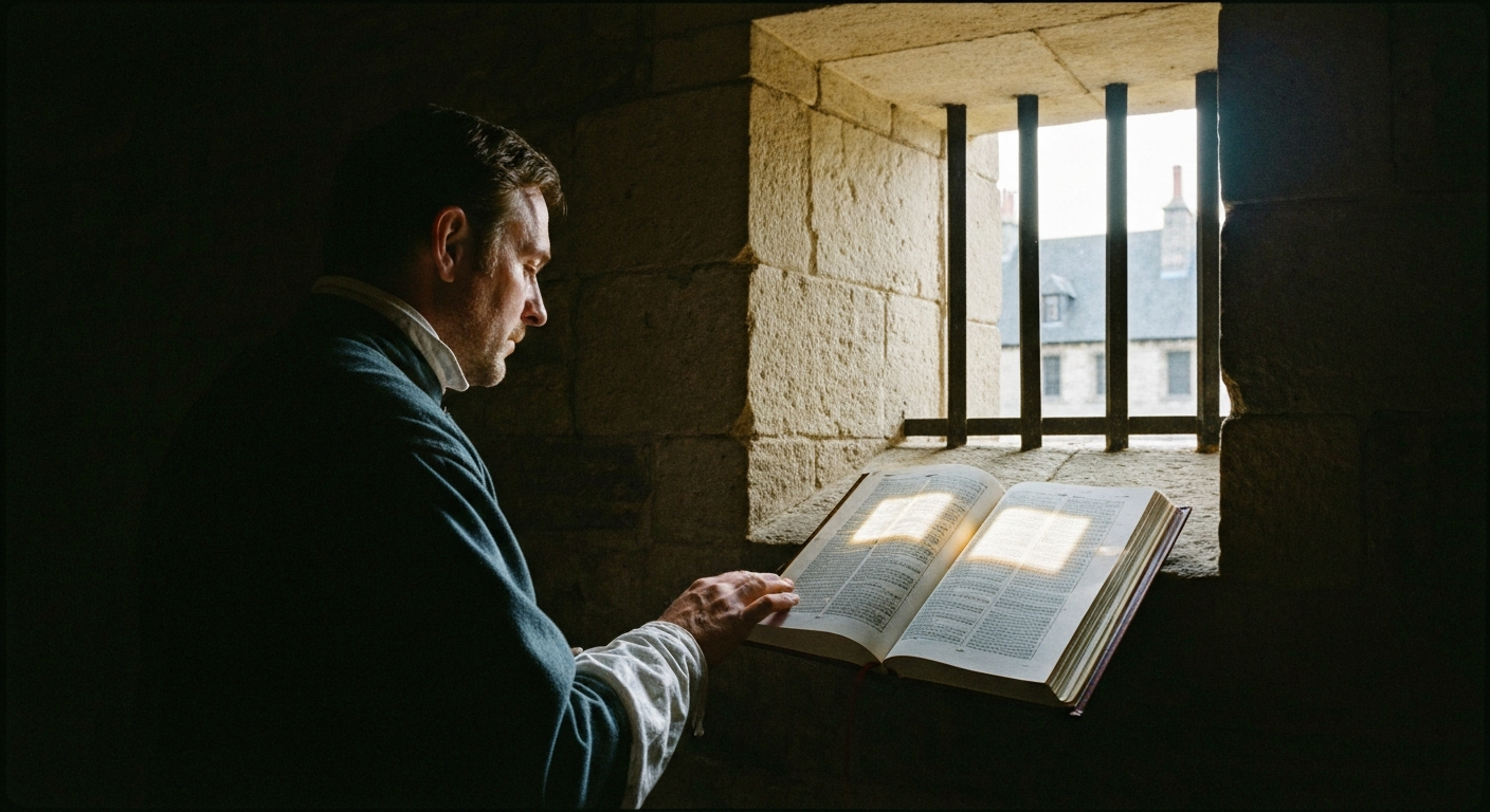John Bunyan writing Pilgrim's Progress from inside Bedford jail โ a cursing tinker turned beloved preacher through 17th-century persecution