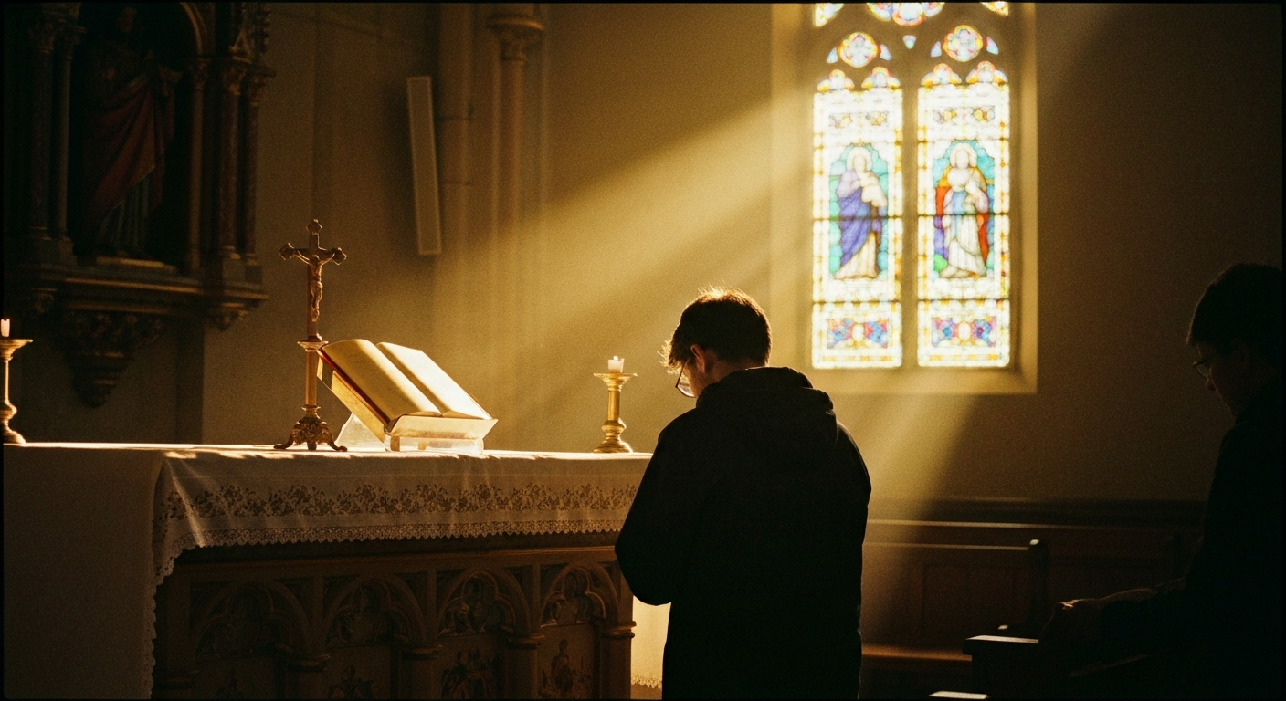 Historian cancer testimony London. Man kneeling in Lady Chapel, St Bartholomew the Great. Praying for bowel cancer healed prayer UK. Modern era.