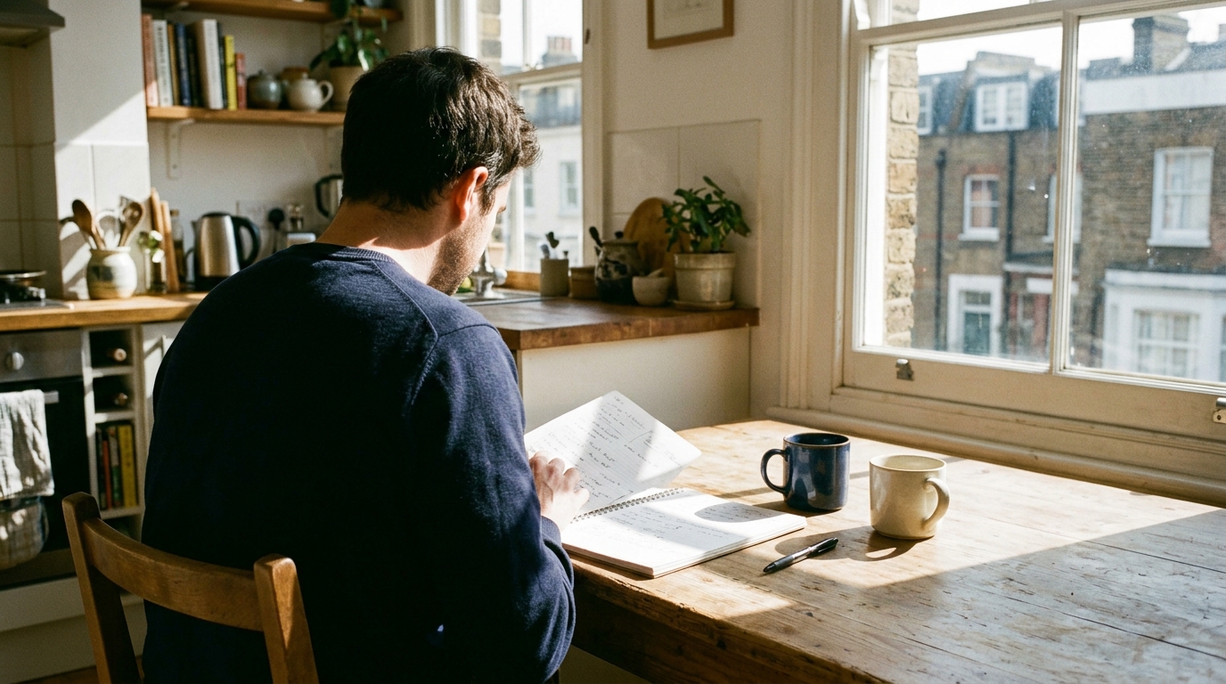 A man in a modern London room shares a trauma and faith story of childhood abuse healing testimony, showing emotional healing through Jesus.