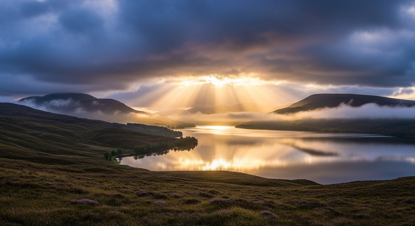 Dark storm clouds parting to reveal bright sunlight over Scottish highlands representing Christian testimony depression healing and finding God in ...