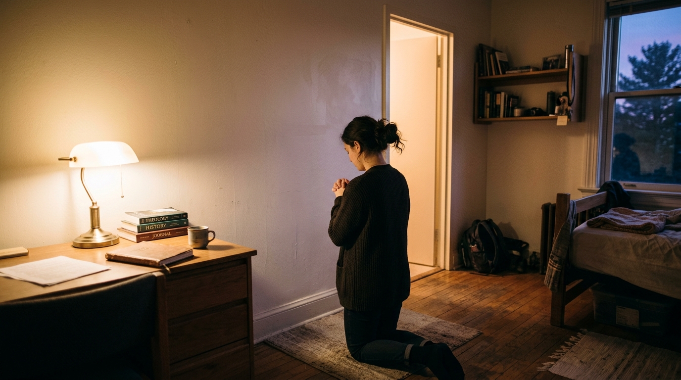 A student kneels in prayer facing a doorway of light, illustrating Katie Ivings meeting Jesus in a vision in Lincoln.
