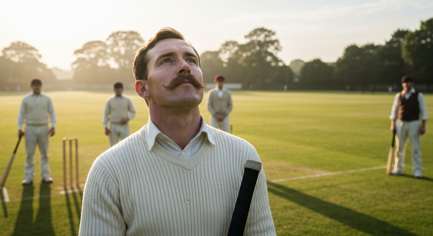 Victorian era cricket star C.T. Studd in period clothing giving up career for god as Cambridge seven missionary in English countryside