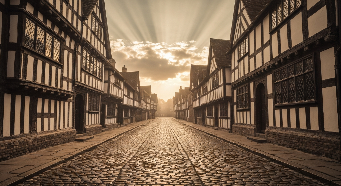 Golden light on King's Lynn Tudor houses evokes Margery Kempe's jesus vision testimony england. Medieval Christian healing testimony in Norfolk.